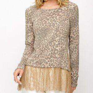 MYSTREE Leopard Print Lace Hem Top Long Sleeve Animal Print Layered Blouse